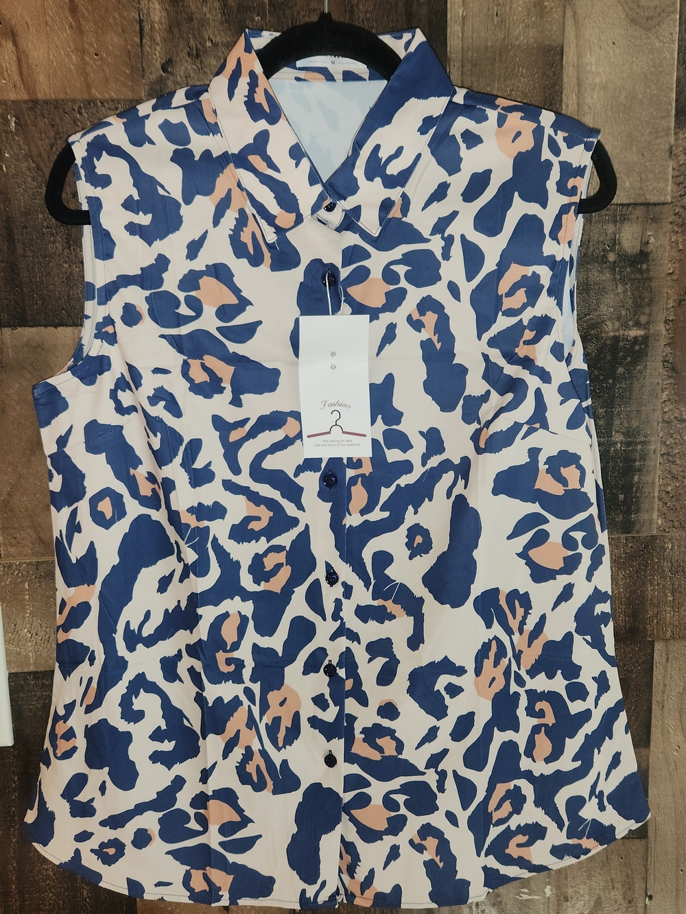 Sleeveless Blue and Peach Animal-Print Button Front Blouse